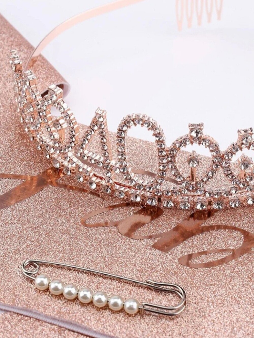 40th Birthday Crown + Sash + Pearl Pin Set for Women, Tiara